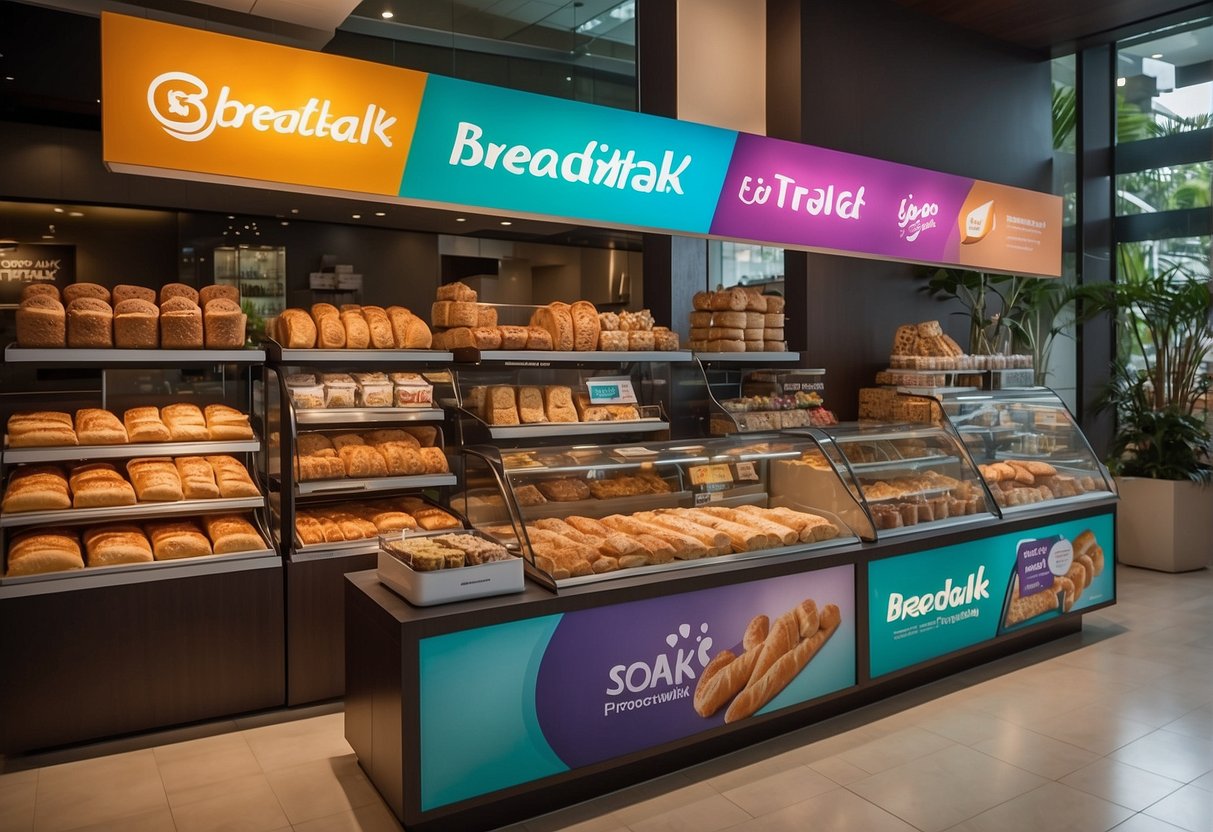A vibrant display of BreadTalk's promotions in Singapore, featuring colorful signage and enticing product showcases