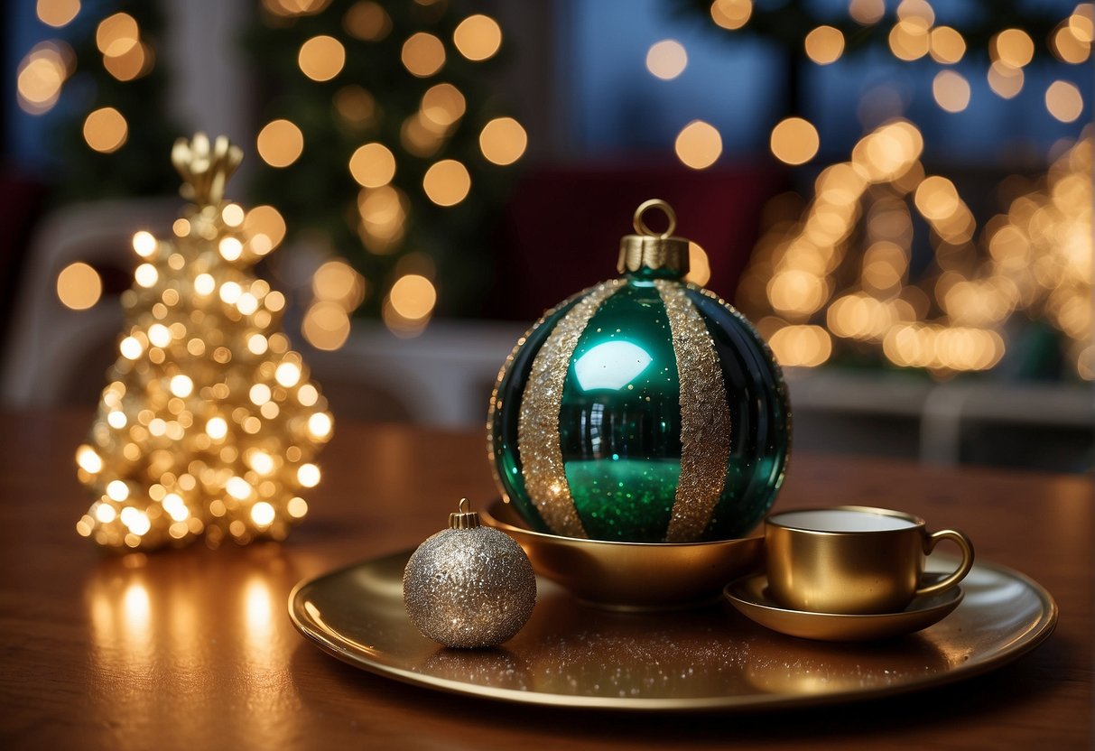 A festive scene with sparkling Christmas decorations, cozy seating areas, and a variety of promotional products and services on display