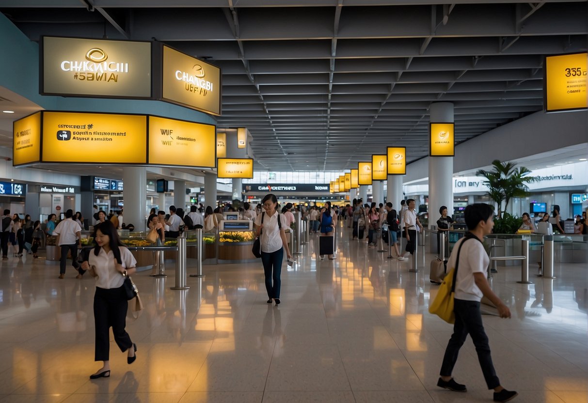 A vibrant, bustling airport terminal in Singapore with prominent signage advertising "Changi WiFi Promotions" and a crowd of travelers seeking information
