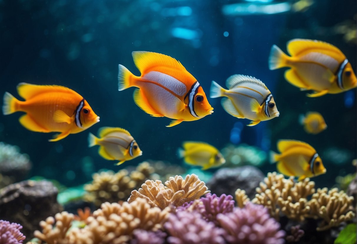 Colorful fish swim in a vibrant aquarium, surrounded by promotional signage for Singapore attractions