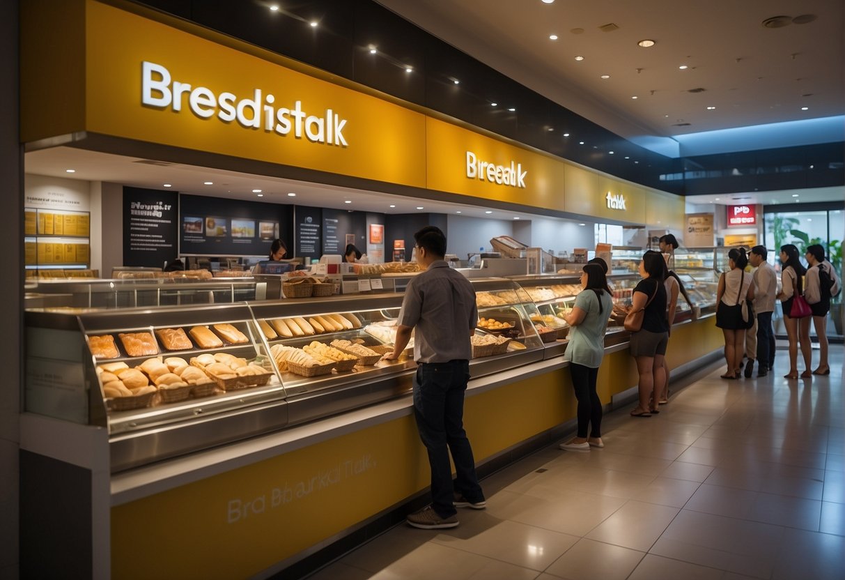 A bustling BreadTalk store in Singapore, with colorful promotional posters displayed prominently. Customers queue at the counter, eager to inquire about ongoing promotions