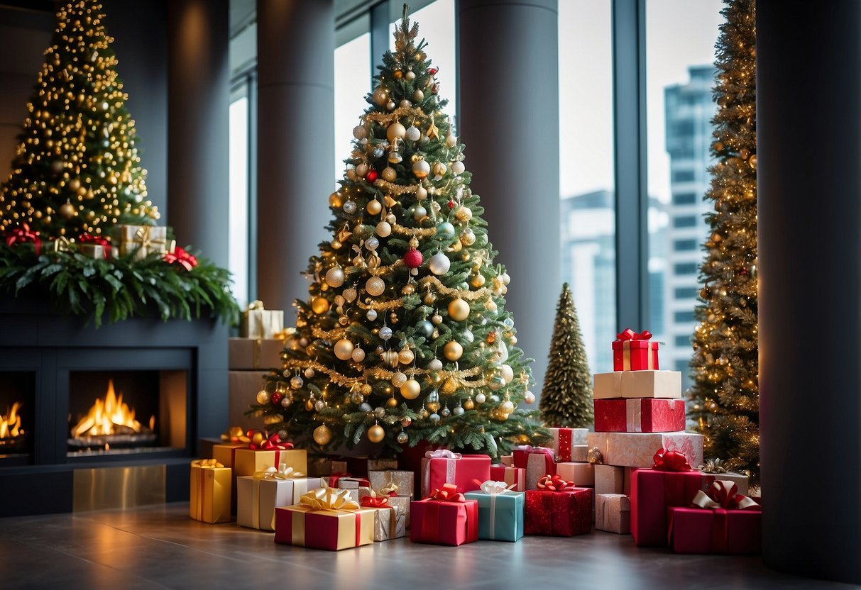 A festive Christmas tree surrounded by gift boxes and promotional banners in Singapore