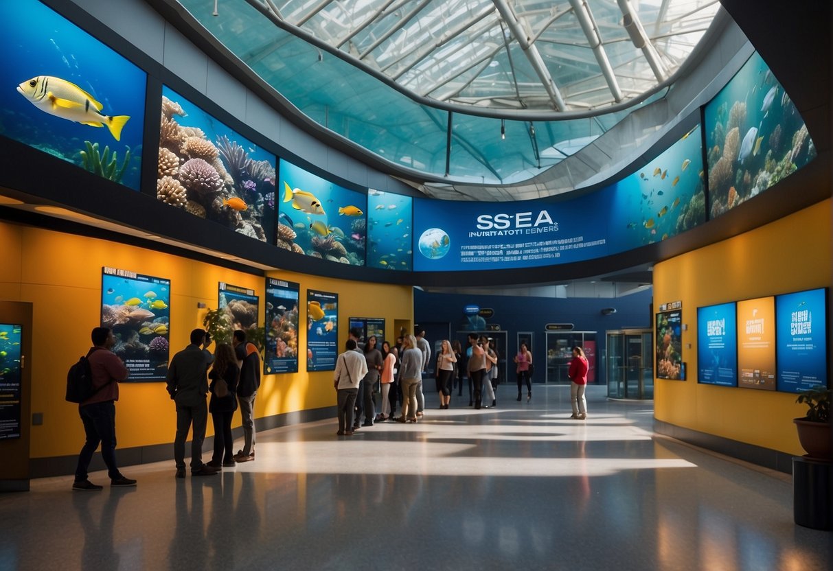 Colorful banners hang above the entrance of S.E.A. Aquarium, showcasing exclusive promotions. A crowd of excited visitors lines up to take advantage of the special offers