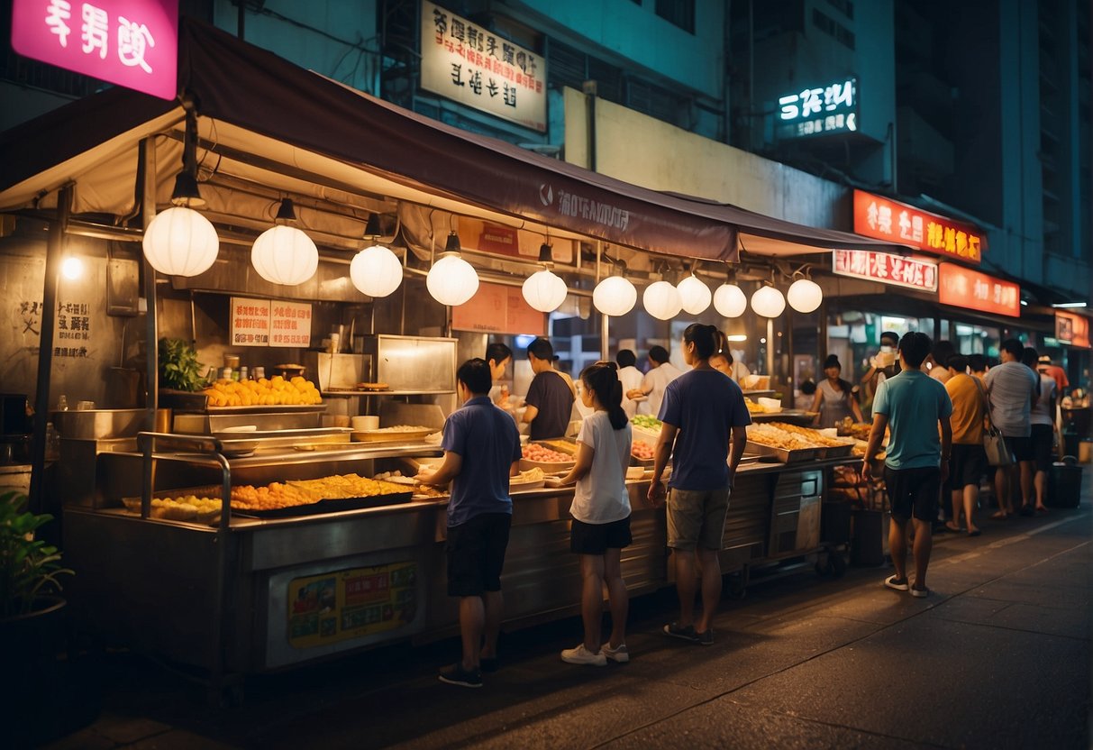People enjoying street food, colorful buildings, and bustling markets in Singapore. A sign advertising "cheapest hotel promotions" stands out among the vibrant scene