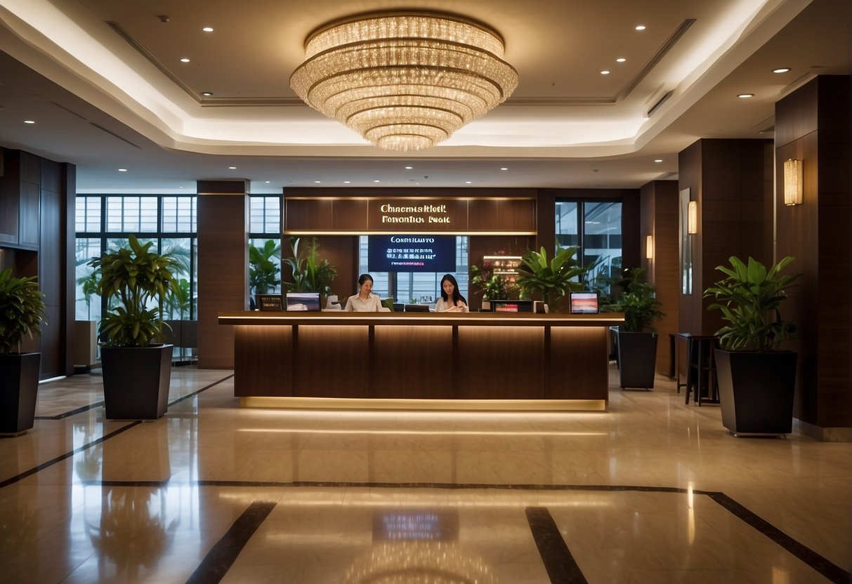 A bustling hotel lobby with a prominent sign advertising "Cheapest Hotel Promotions in Singapore." Guests approach the front desk with inquiries