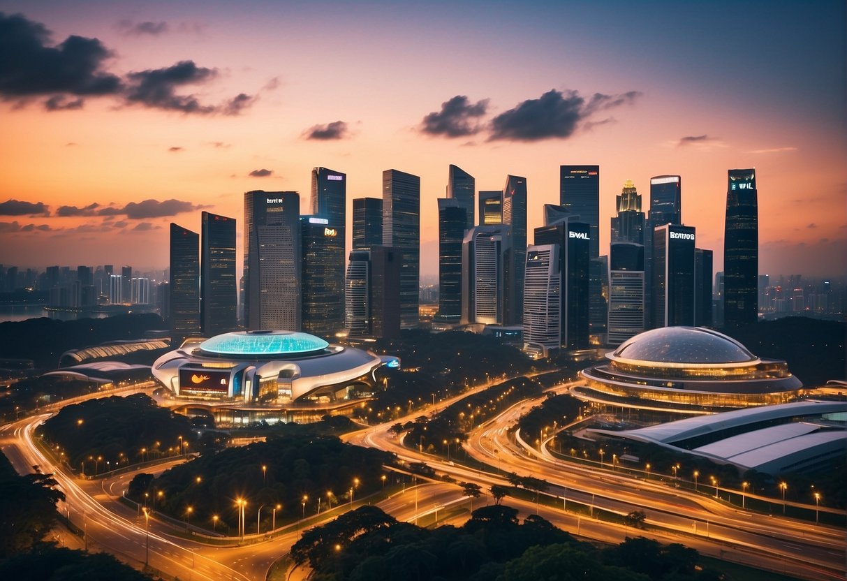 Vibrant cityscape of Singapore with iconic landmarks and bustling streets, featuring the distinct branding and signage of BWL Promotions