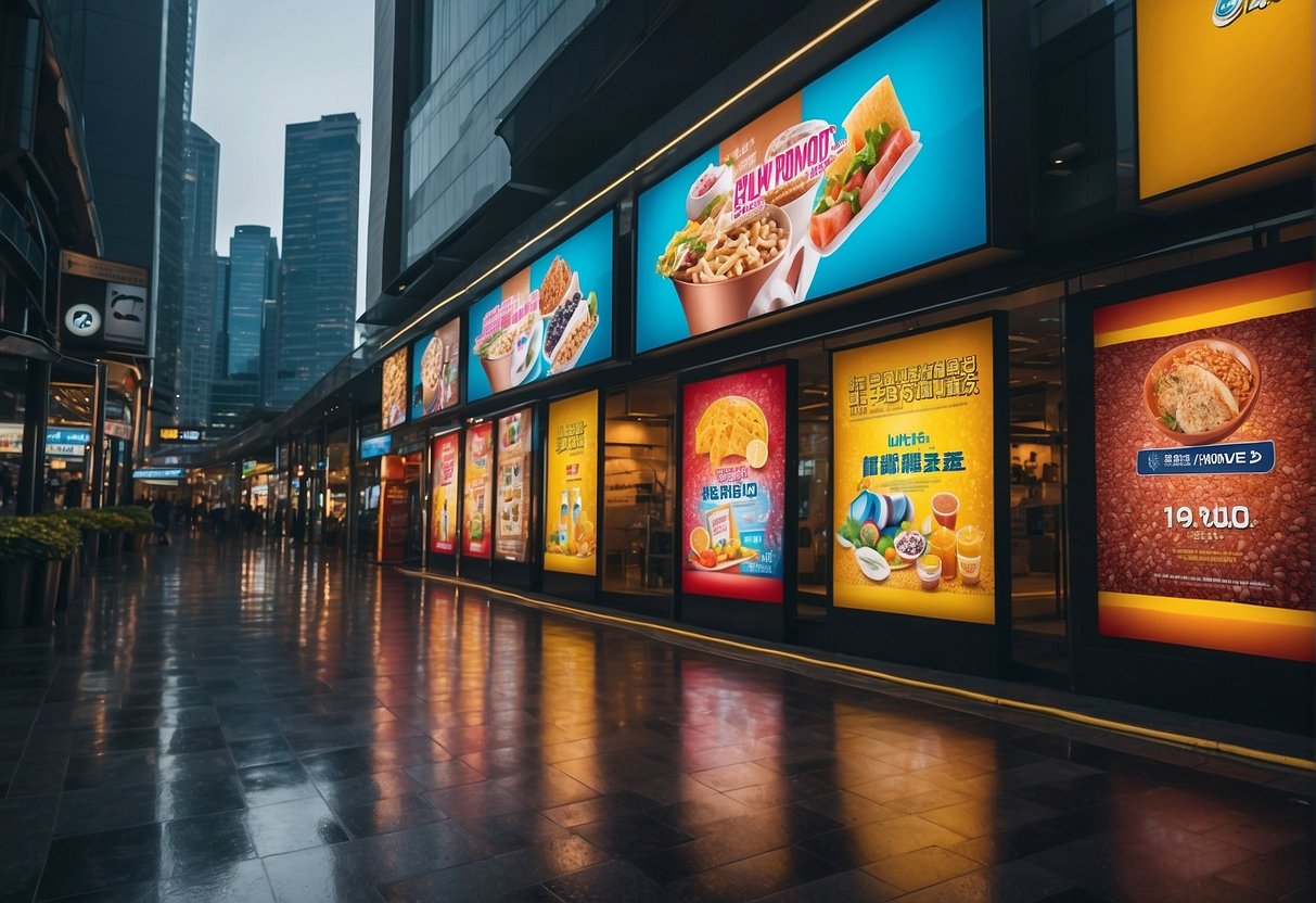 A colorful display of promotional banners and signs for BWL Promotions Singapore