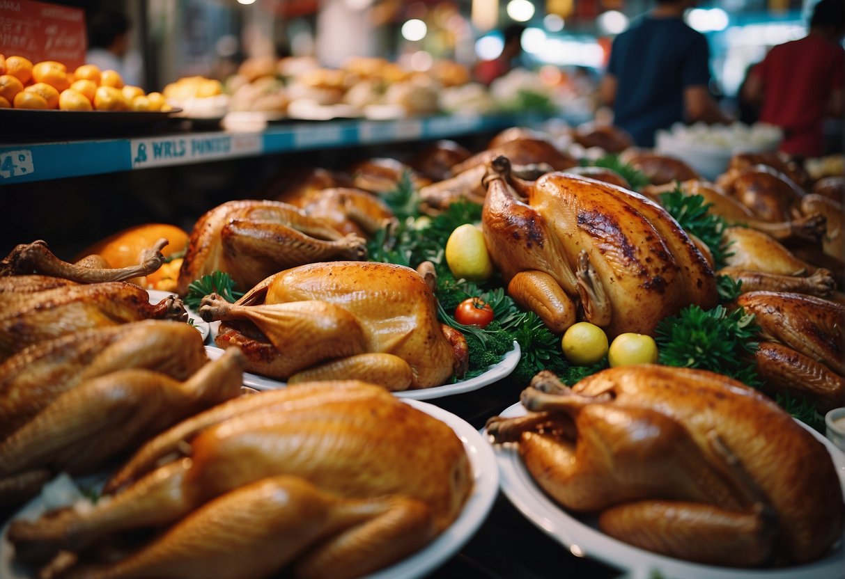 A festive display of Christmas turkeys with promotional signs in a bustling Singapore market