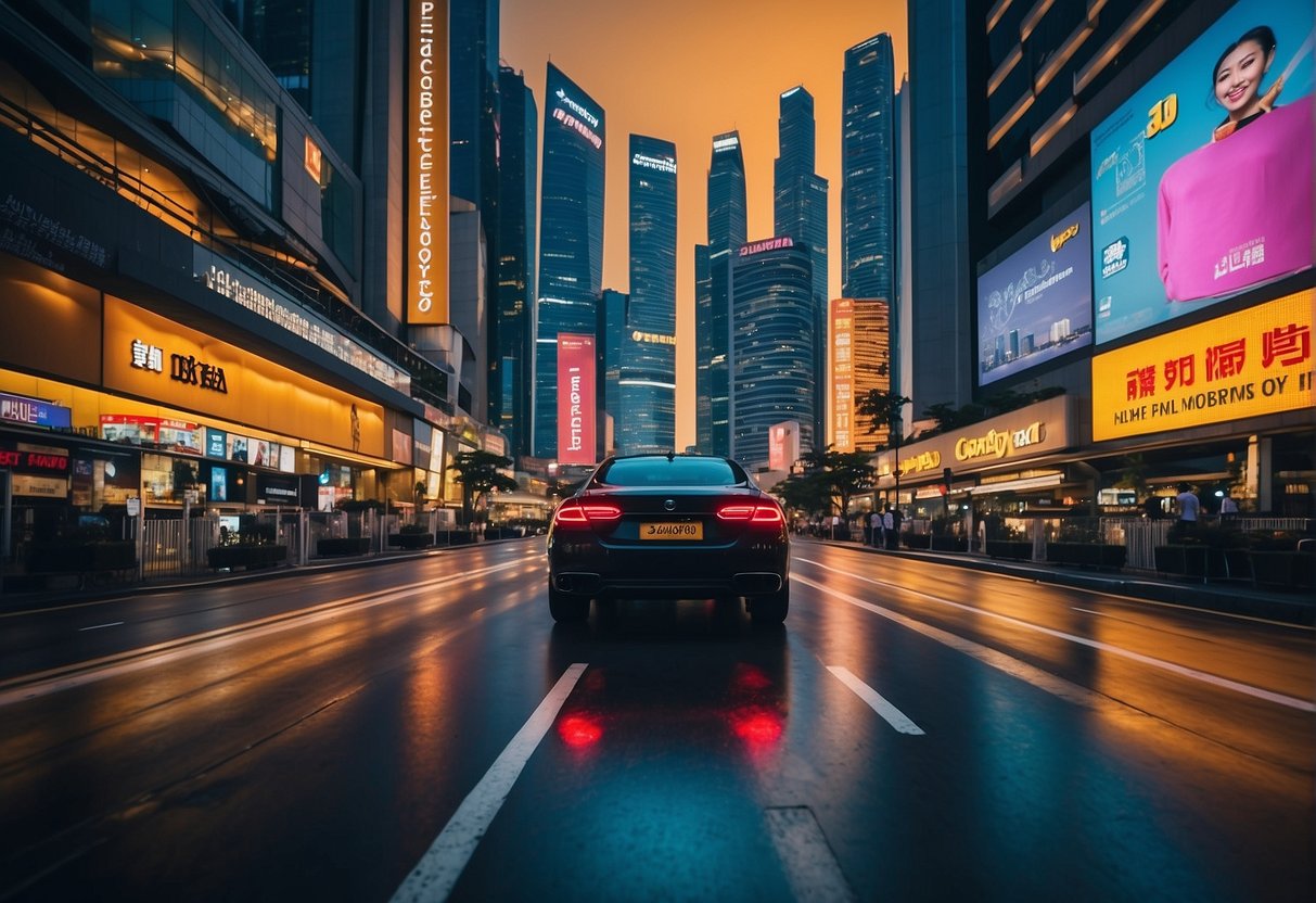 A vibrant cityscape with a prominent display of Continental Tyres promotions in Singapore. Tall buildings, bustling streets, and modern signage