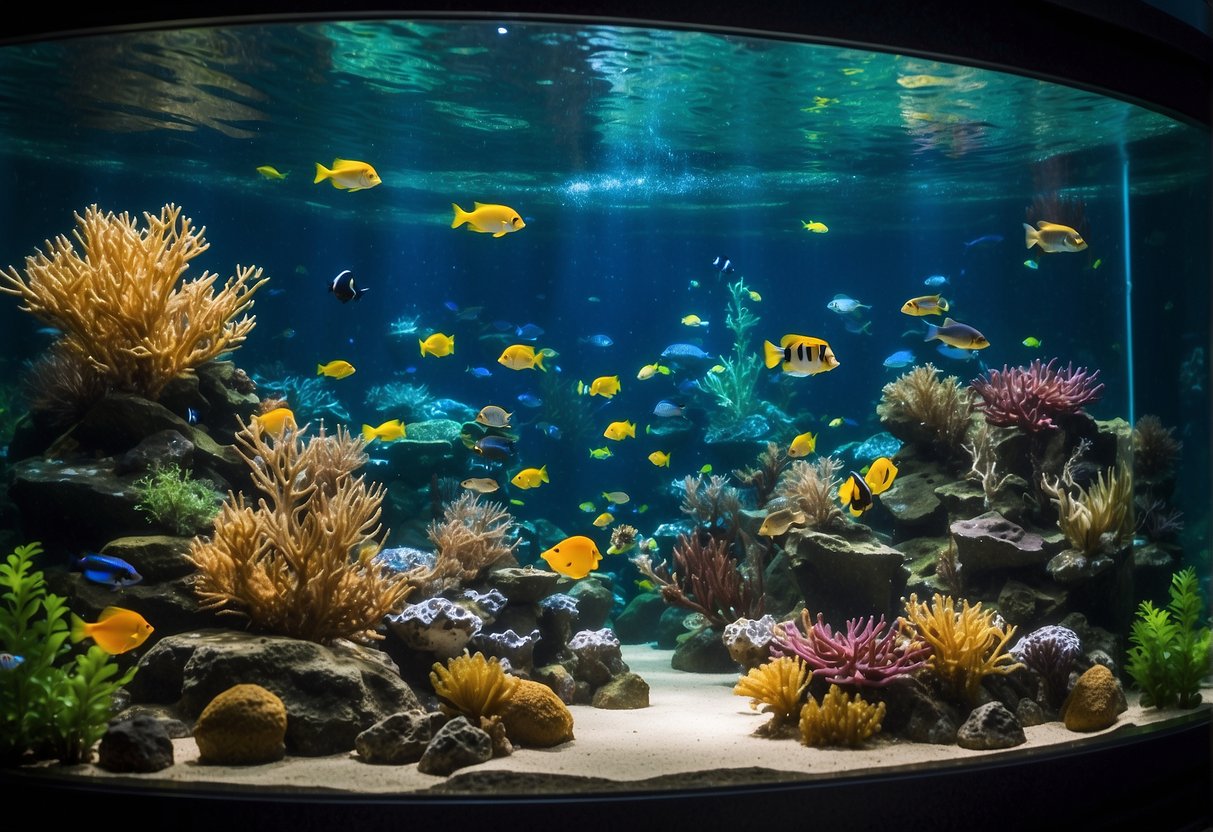 A colorful aquarium display with promotional signs and interactive activities, surrounded by curious visitors in Singapore