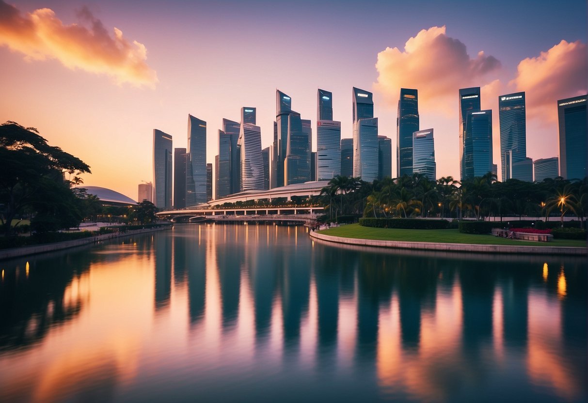A vibrant cityscape with iconic Singapore landmarks and colorful promotional banners displayed prominently