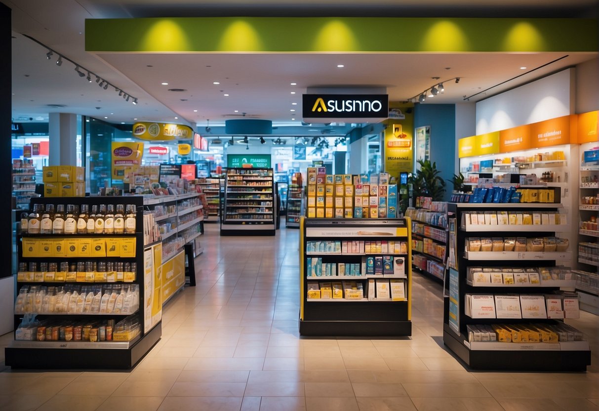 A colorful display of Aussino products with promotional signs and banners in a well-lit Singaporean store
