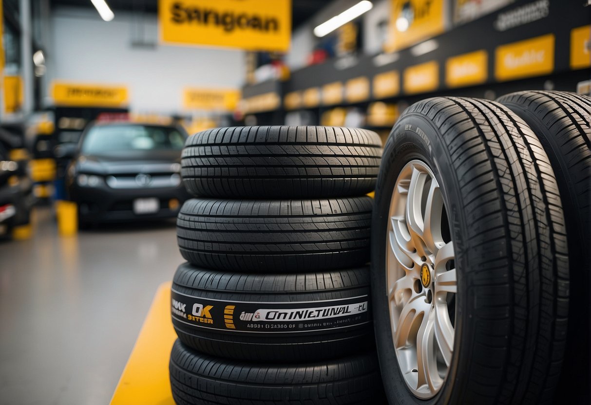 A display of Continental car and van tires with promotional signage in a Singaporean tire shop