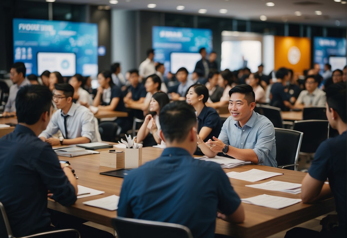 A busy office with people asking questions at a promotional event in Singapore. Tables with brochures and banners