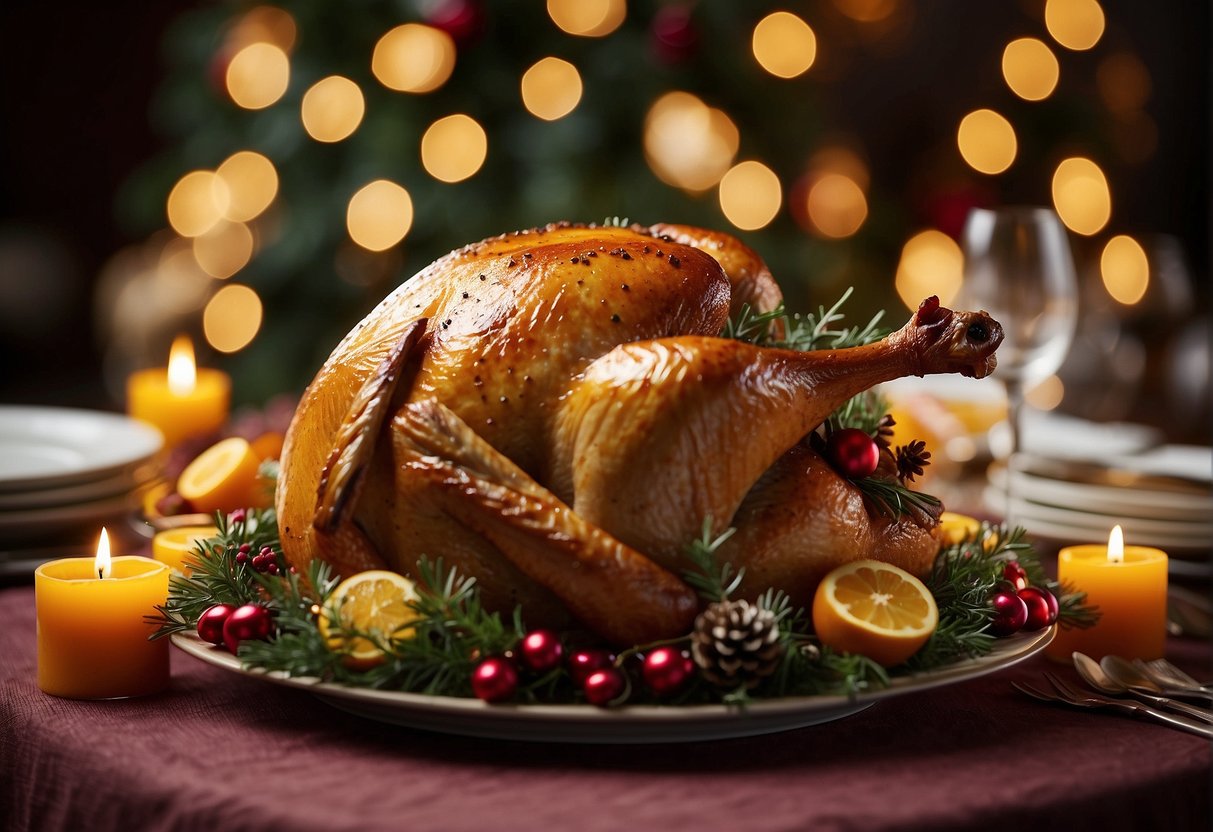 A beautifully roasted Christmas turkey sits on a festive table, surrounded by colorful decorations and twinkling lights, evoking a sense of warmth and joy