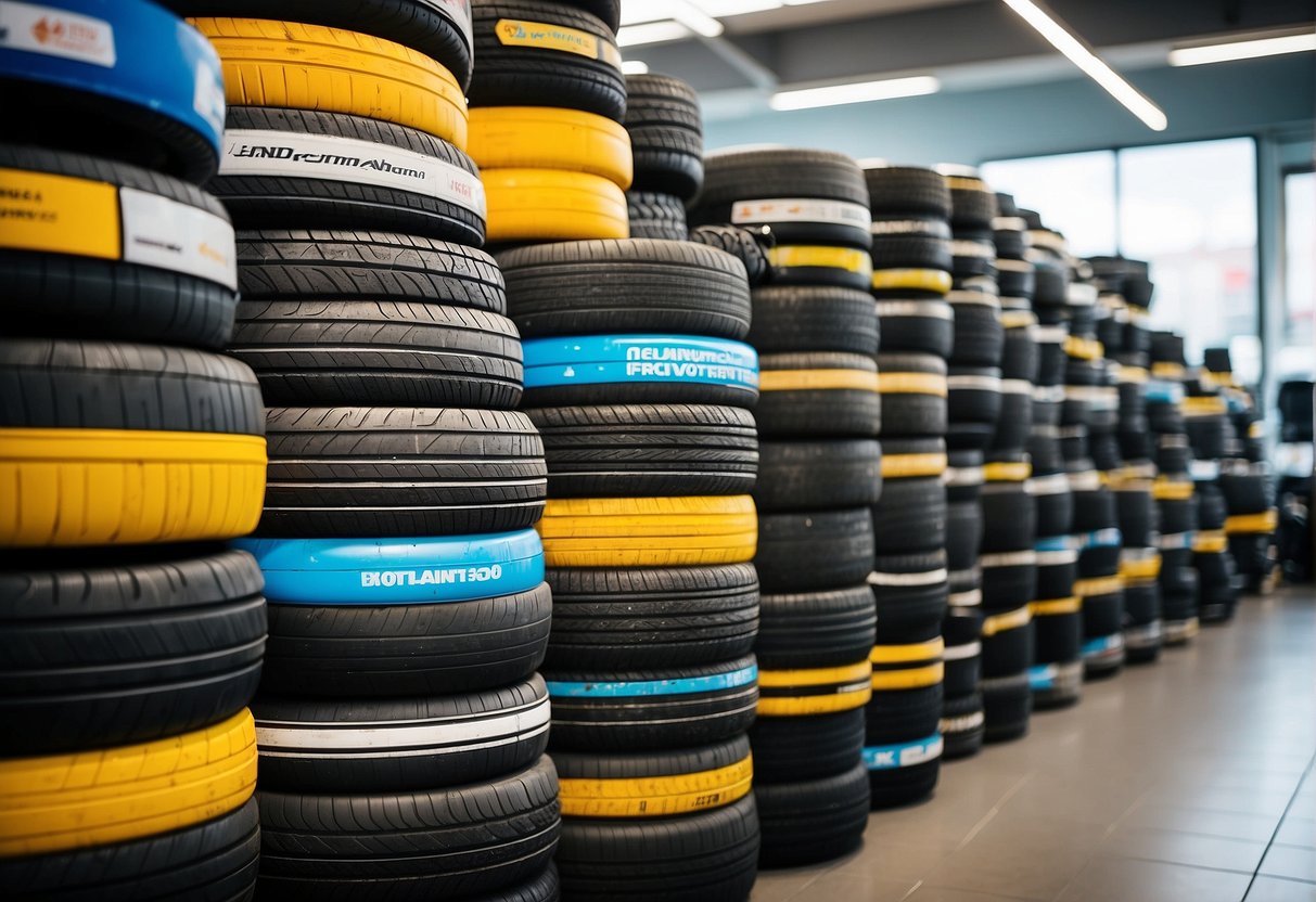 A stack of colorful Continental tires with promotional banners in a Singaporean automotive shop