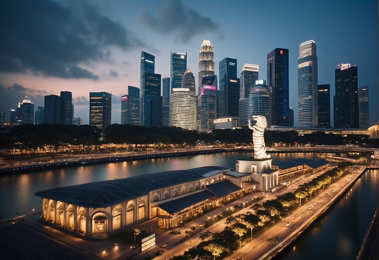 A bustling street in Singapore, with iconic landmarks like the Merlion and Marina Bay Sands, surrounded by a mix of traditional shophouses and modern skyscrapers