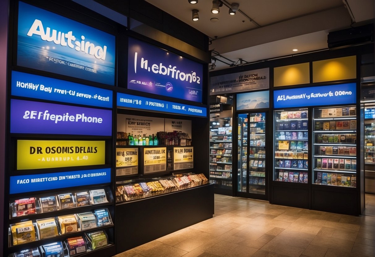 Brightly lit store displays showcase "In-Store Deals" signs at Harbourfront Centre. Aussino promotions in Singapore feature vibrant colors and enticing offers