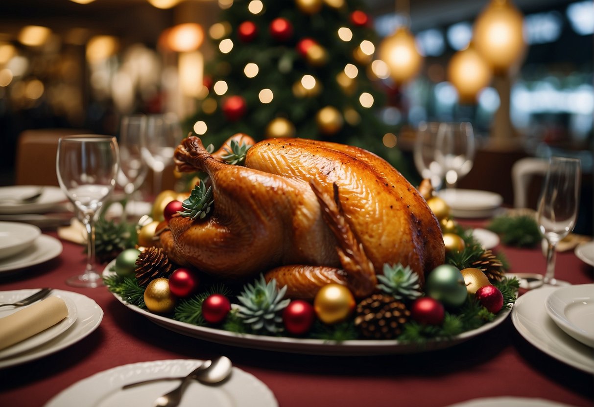A festive table with a succulent roasted turkey, surrounded by Christmas decorations and promotional signage in a bustling Singaporean restaurant