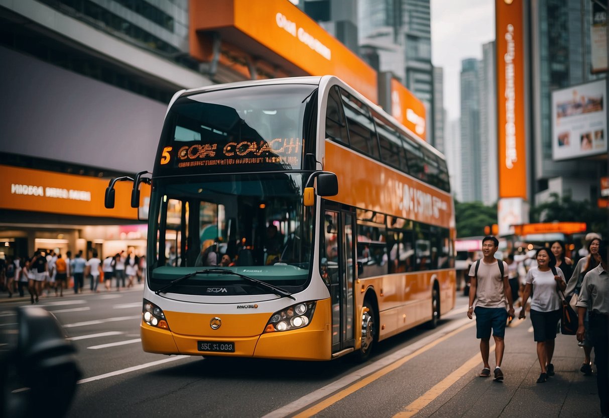 A crowded city street with bright billboards promoting coach services in Singapore