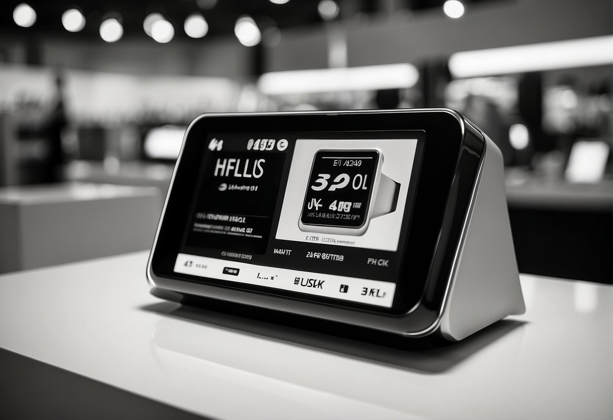 A sleek, modern tech gadget sits on a display stand, surrounded by promotional signage in a monochrome setting