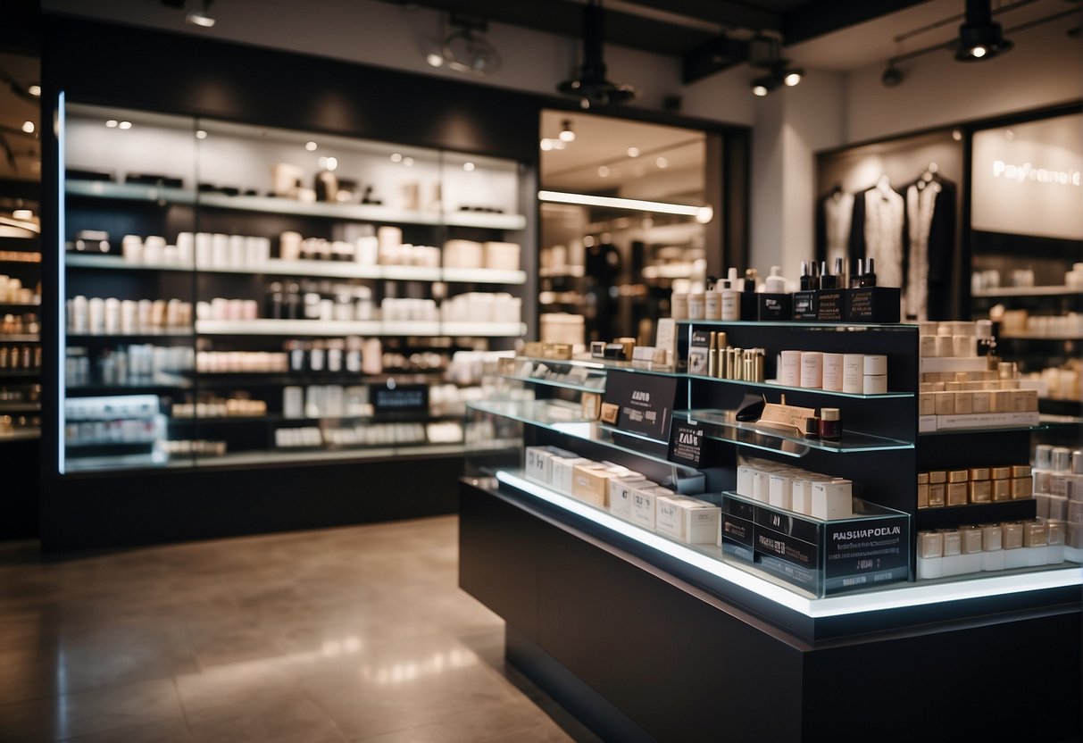 A display of fashion and beauty products with promotional signs in a Singaporean store