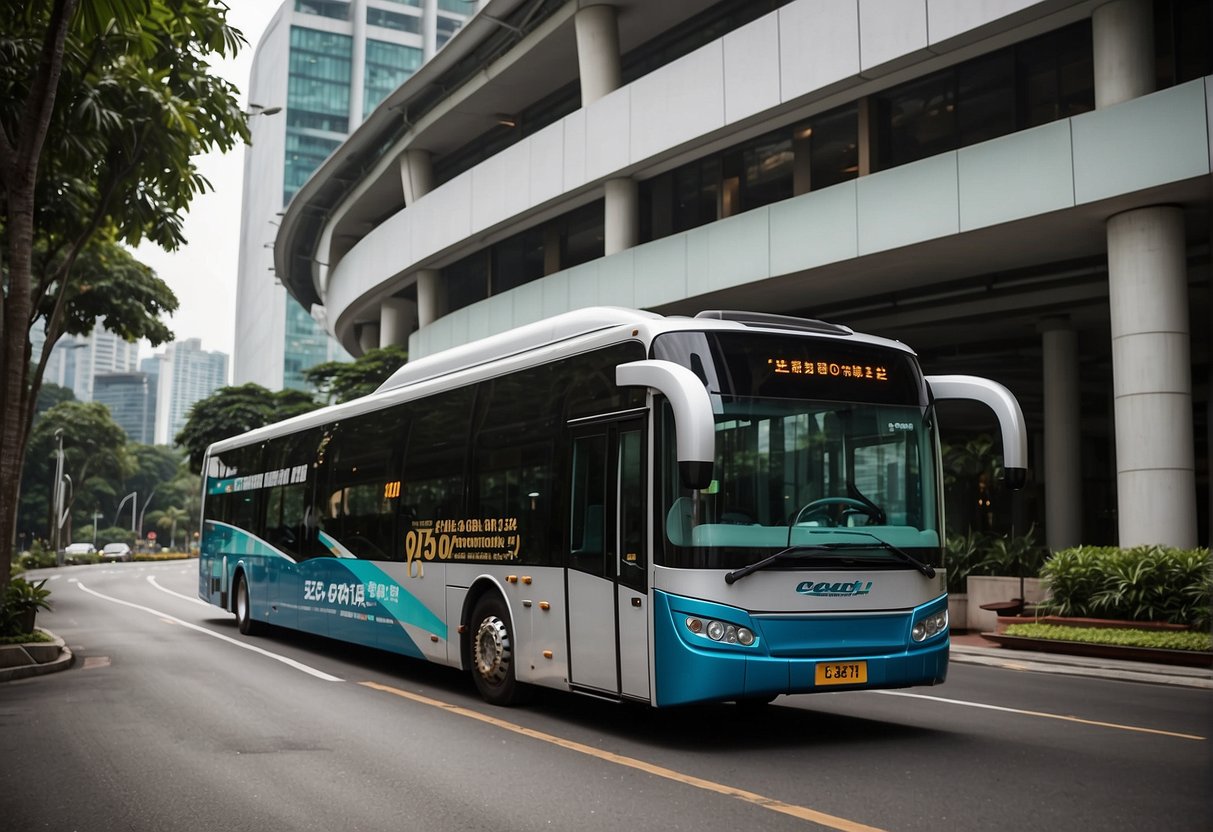 A sleek, modern coach bus pulls up to a luxurious Singapore hotel, with a banner displaying "Exclusive Coach Singapore Promotions 2024" on its side