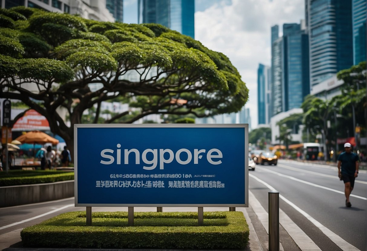 A vibrant cityscape with iconic landmarks and bustling streets in Singapore, adorned with promotional banners and signs for credit line offers
