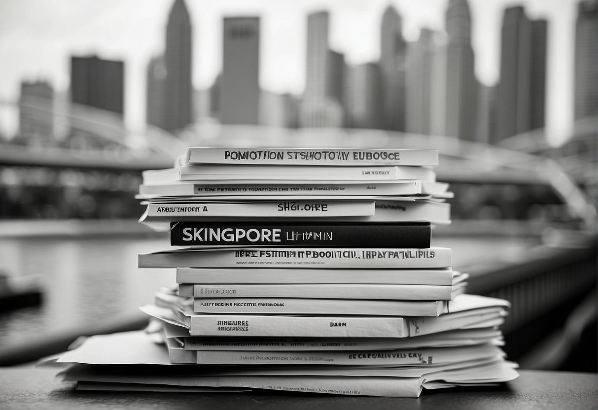 A stack of FAQ papers with the words "Singapore Promotion" in bold, set against a backdrop of Singapore's iconic landmarks in black and white