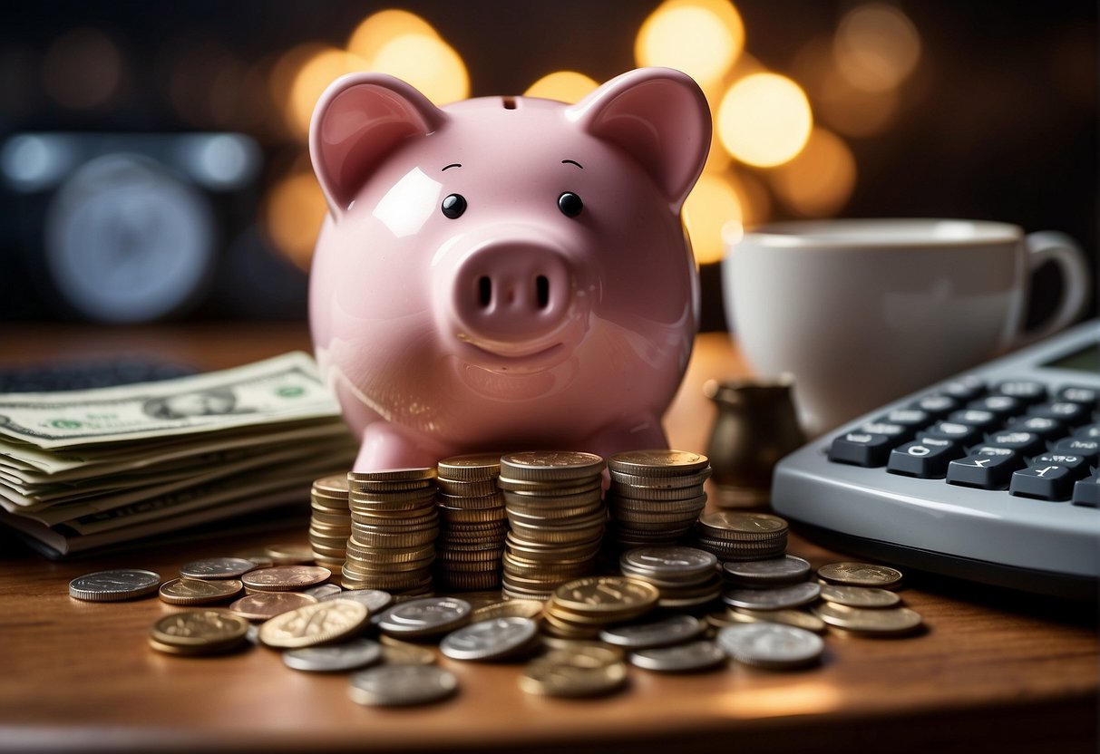A piggy bank overflowing with coins and bills, surrounded by stacks of money and a calculator, with a sign reading "Maximise Your Savings" in bold letters