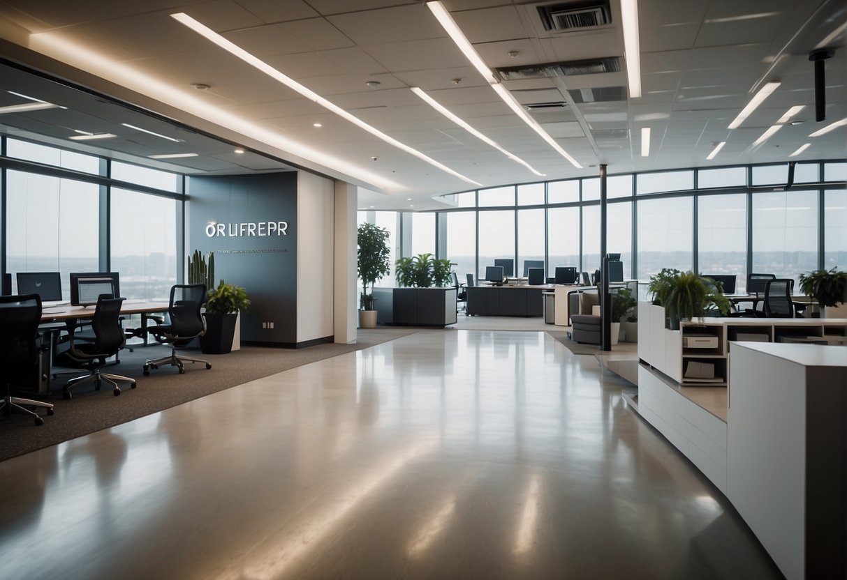 A sleek, modern office space with the company logo prominently displayed and employees engaged in collaborative work