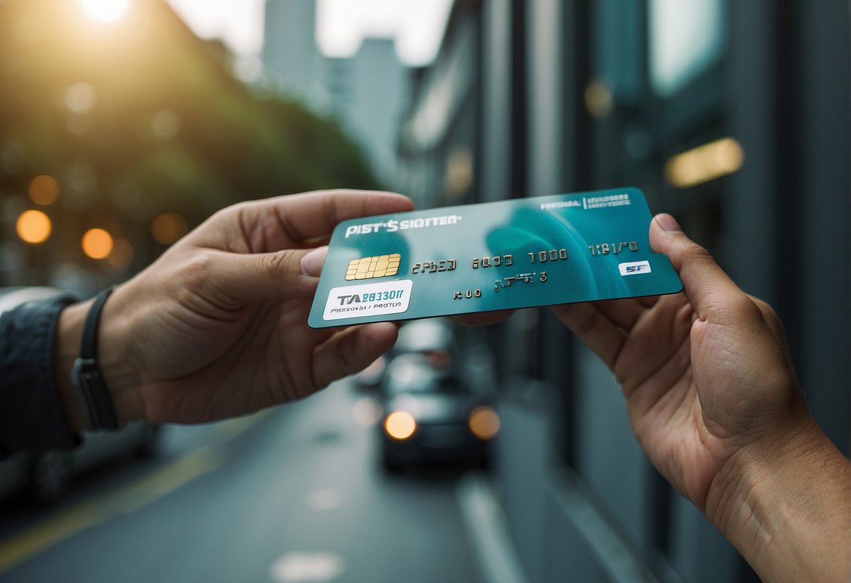 A hand holding a credit card with "Personal Loan Privileges" written on it, while another hand holds a paper with "balance transfer promotion Singapore" on it