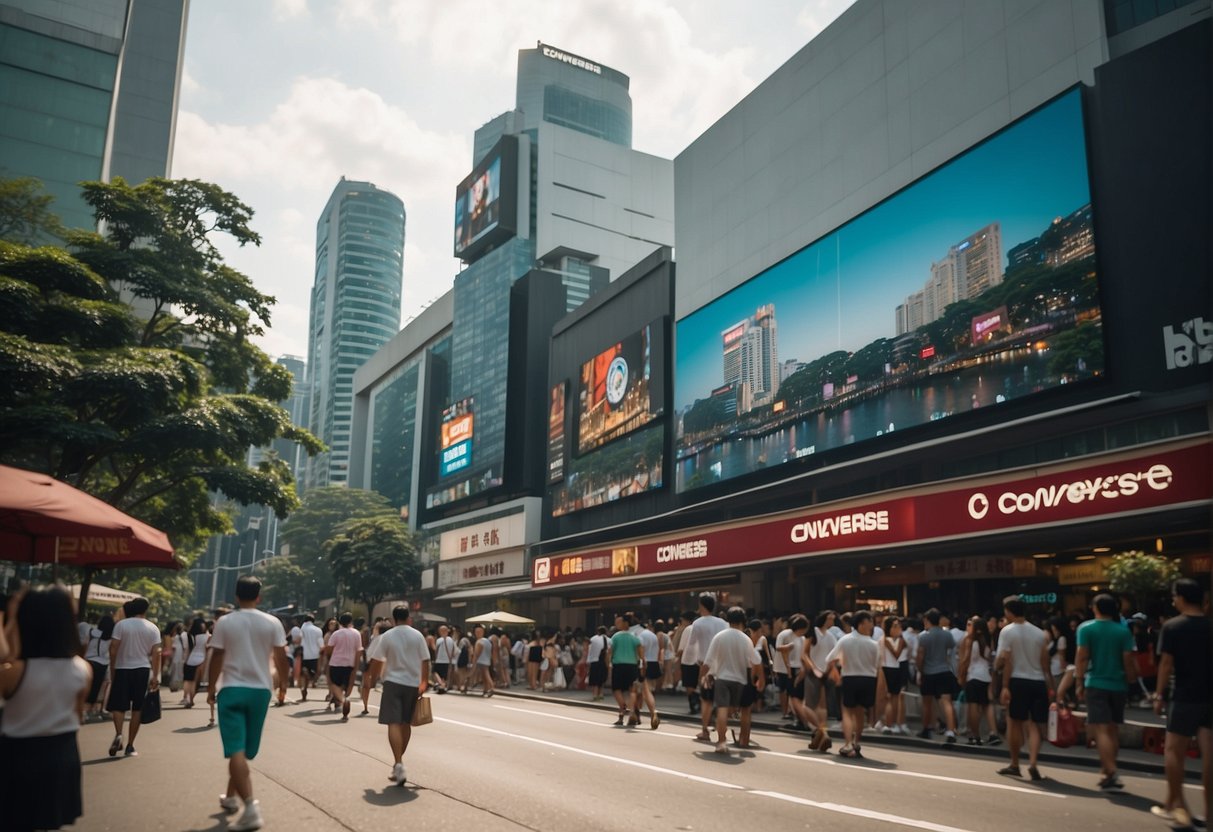 Vibrant street with iconic Converse logo displayed on storefronts and billboards, surrounded by bustling crowds and trendy urban atmosphere in Singapore