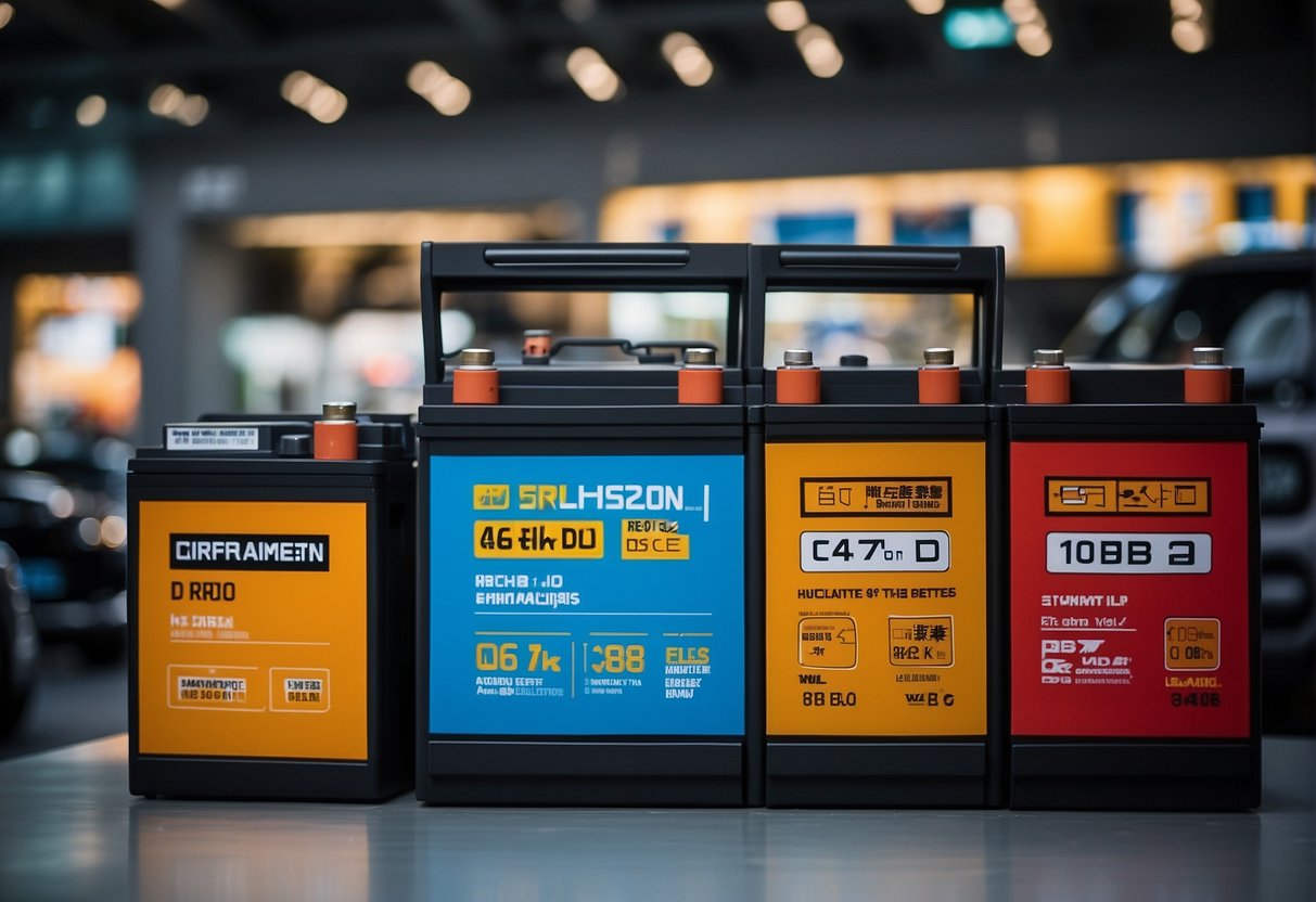 A car battery display at a Singaporean promotion. Bright signage, various battery sizes, and promotional offers visible