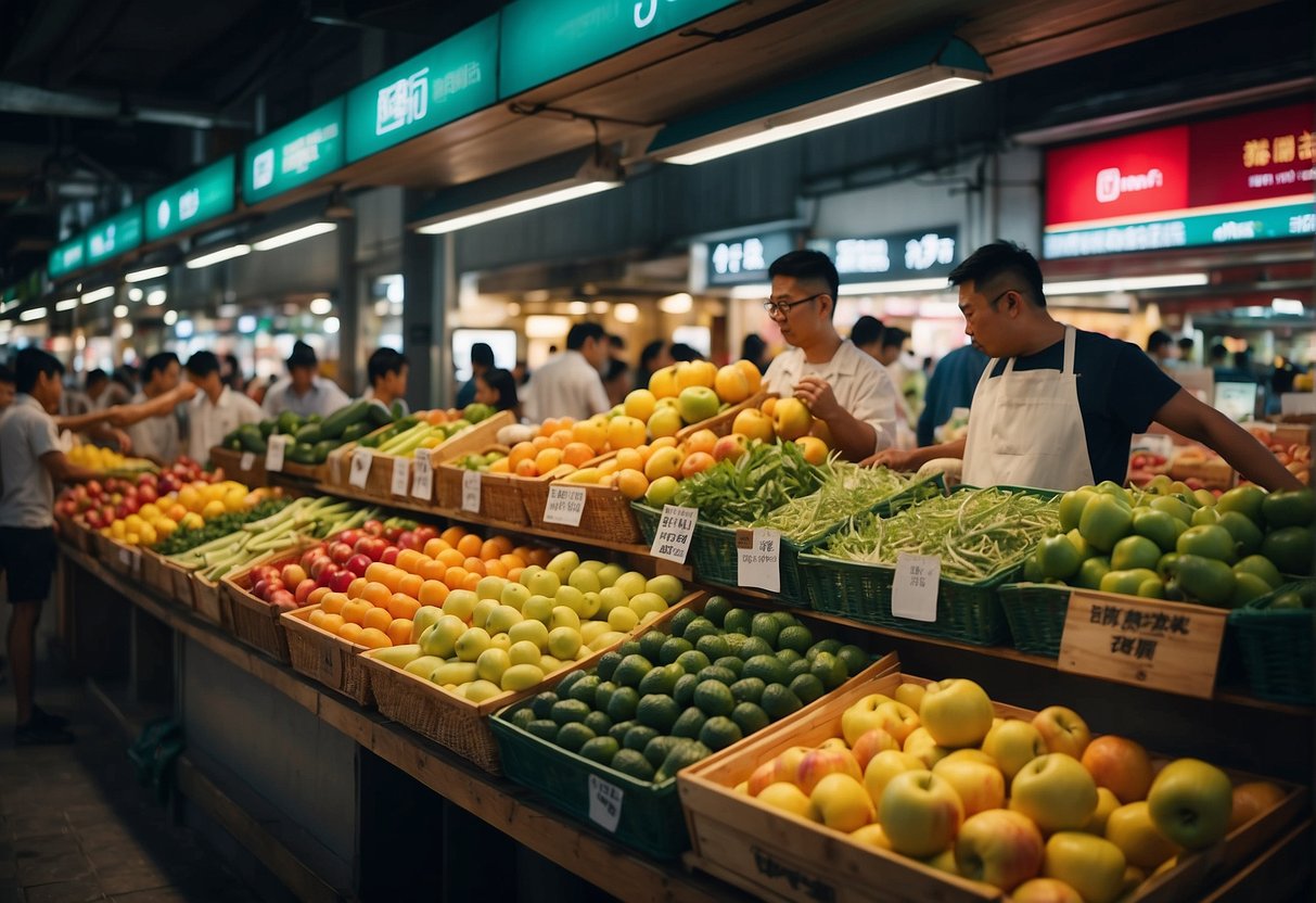 A bustling market stall displays vibrant apple promotions in Singapore. Banners and signs advertise the fresh produce, while customers browse the colorful selection