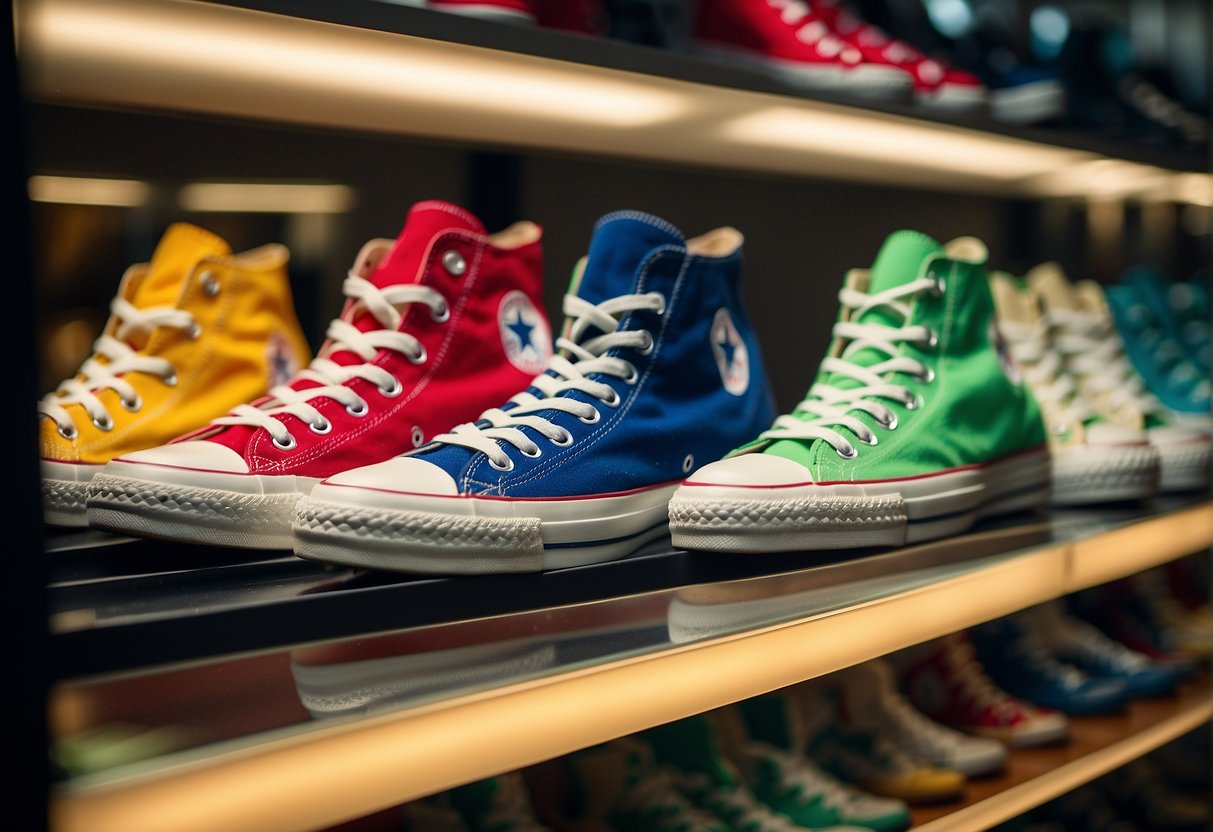 Colorful Converse shoes displayed on shelves with "Exclusive Sale" signs. Customers browsing and trying on shoes. Excitement and buzz in the air