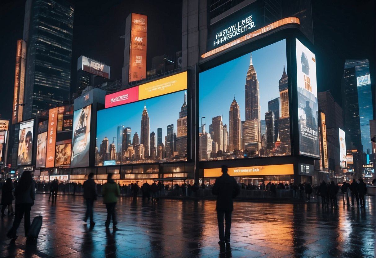 Brightly lit cityscape with billboards and digital screens displaying various promotions. Sounds of music and voices fill the air