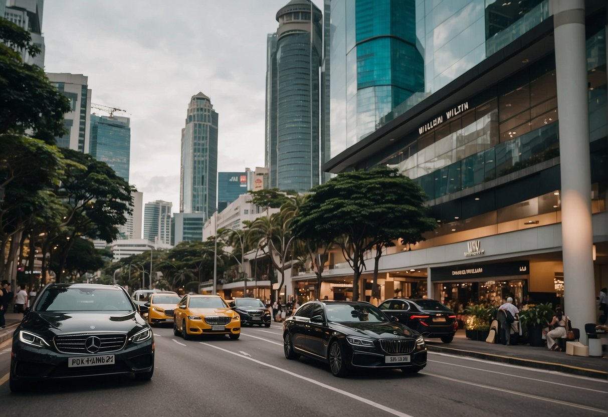 A bustling city street in Singapore with prominent Daniel Wellington branding and promotional displays