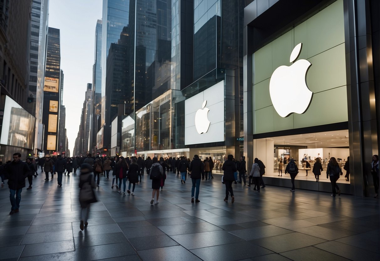 A bustling city street with large Apple promotional banners hanging from buildings, crowded with people browsing the latest 2024 Apple products in a sleek, modern store