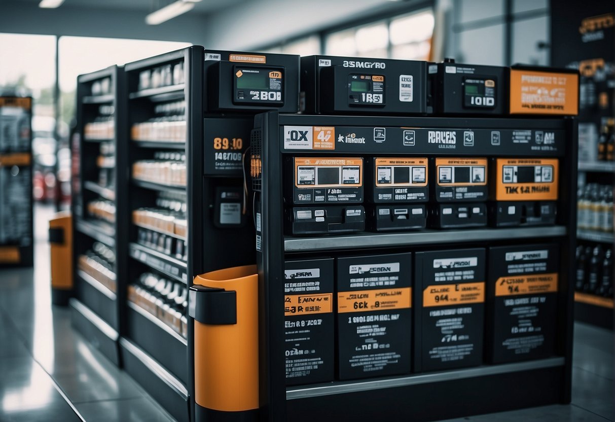 A car battery display with promotional signs and prices at a Singaporean auto parts store