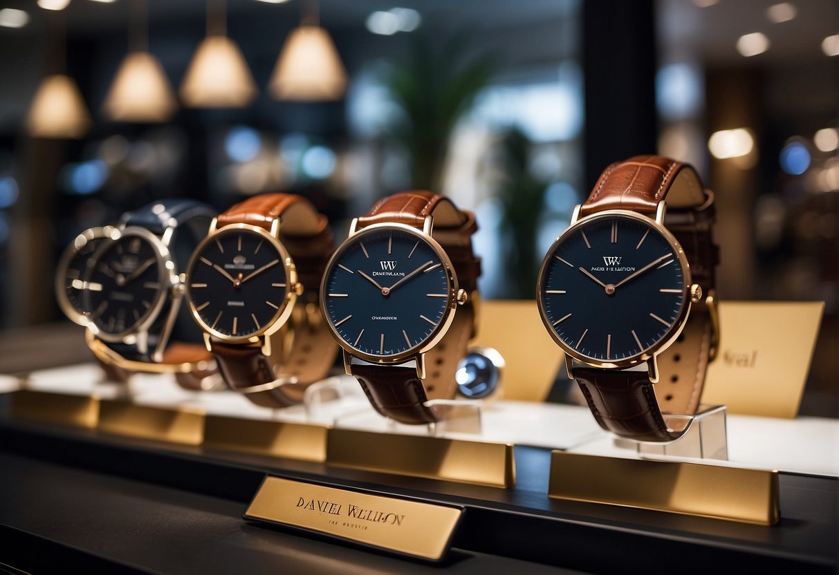 A display of Daniel Wellington watches with promotional signage in a Singaporean store window