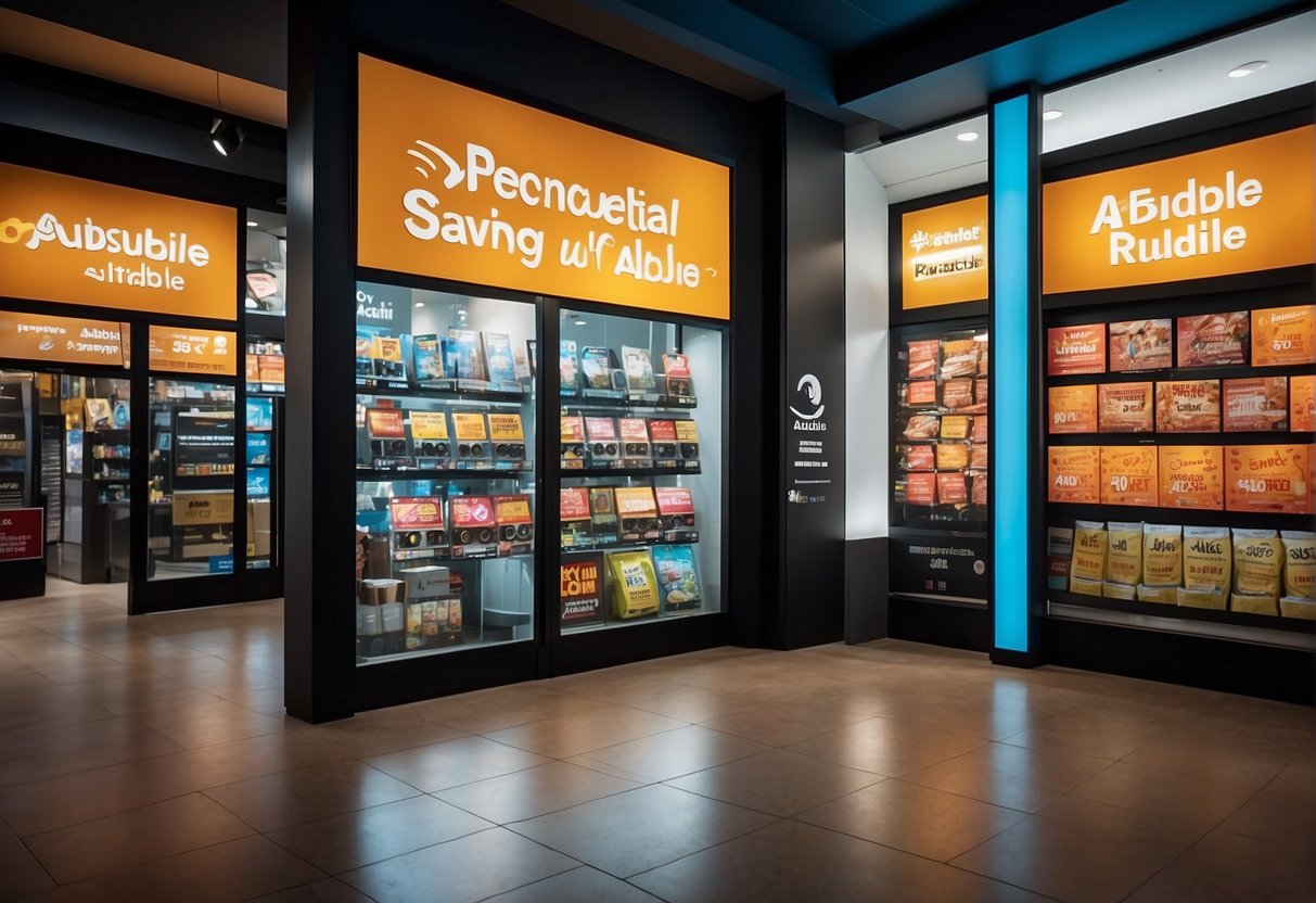 A colorful display of "Spectacular Savings with Audible Promotions" signage in Singapore, featuring eye-catching graphics and bold lettering