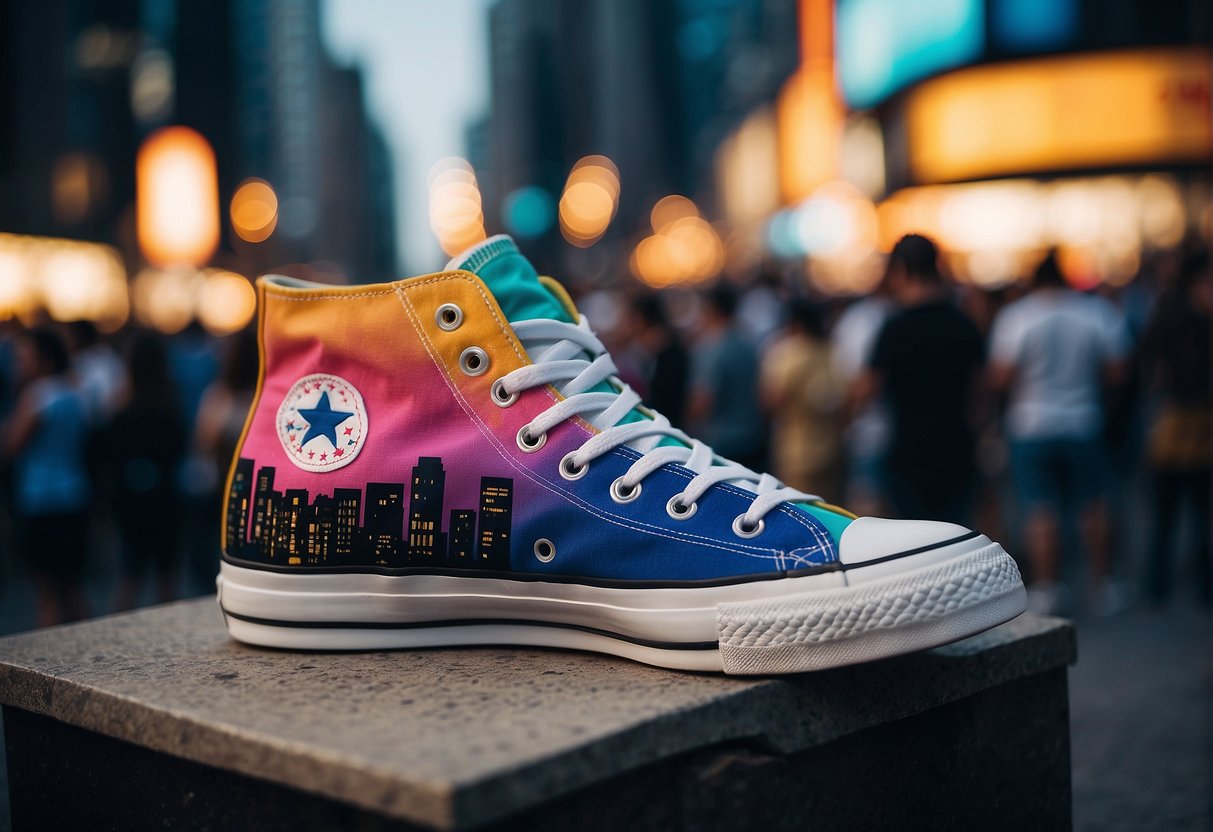 A vibrant cityscape with bold Converse CX branding, surrounded by excited crowds and modern technology