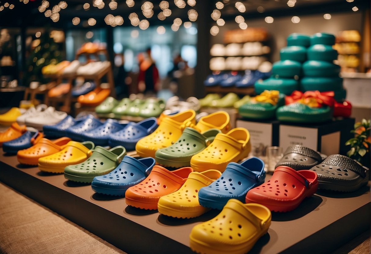 Colorful Crocs and Muji products displayed with festive decorations, accompanied by audible promotions in Singapore