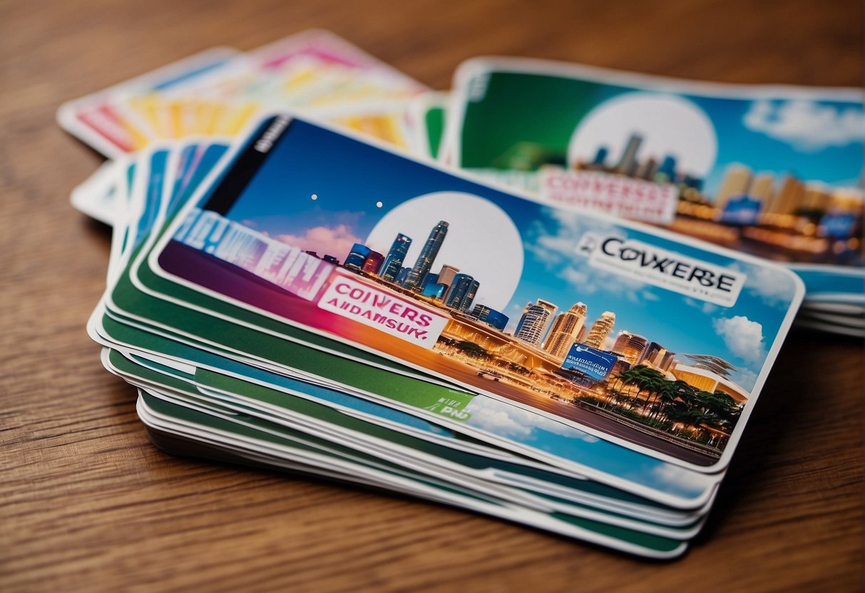 A stack of FAQ cards with the Converse logo, surrounded by vibrant Singaporean landmarks and symbols