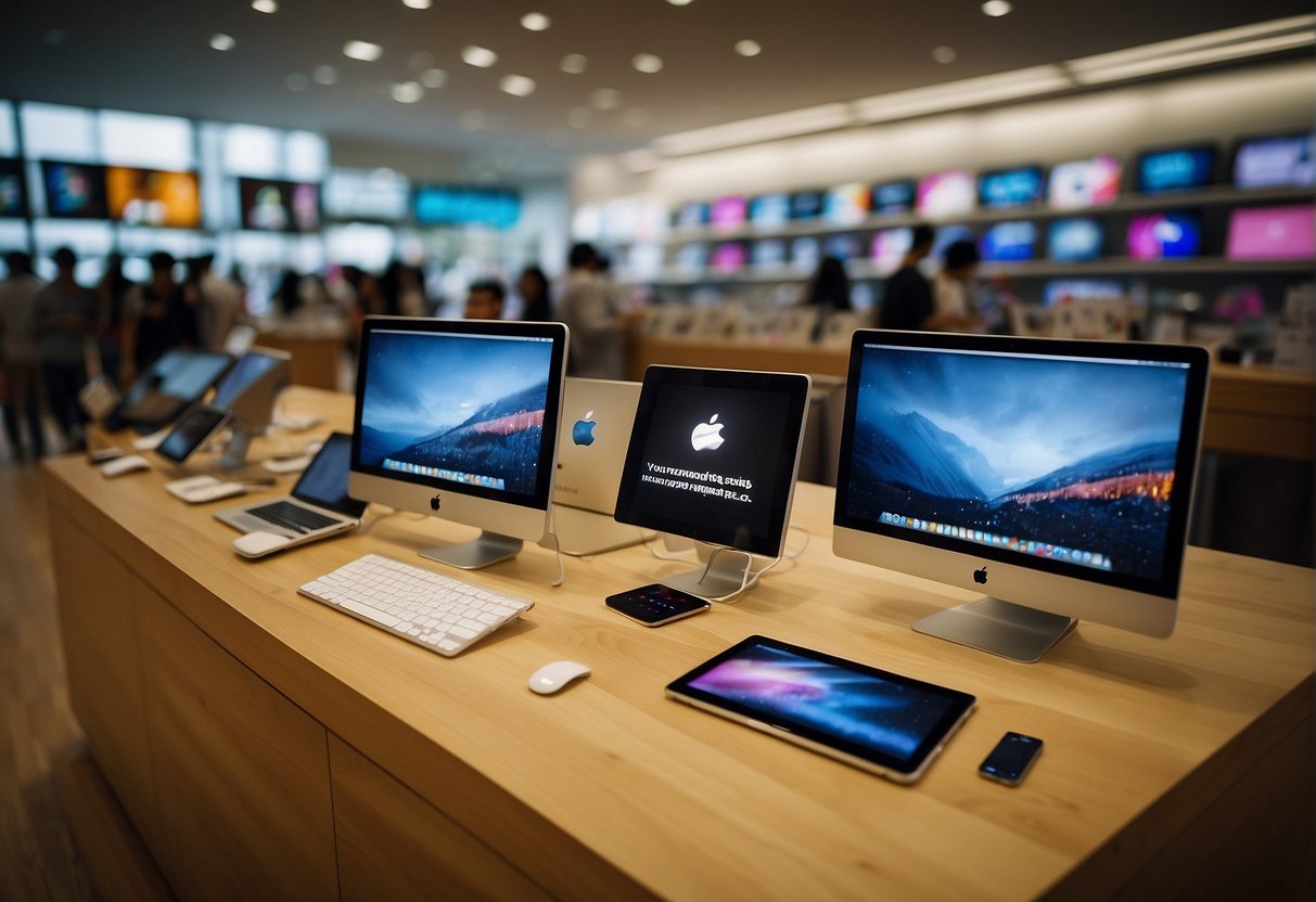 A colorful display of apple products with promotional signs in a bustling Singaporean store