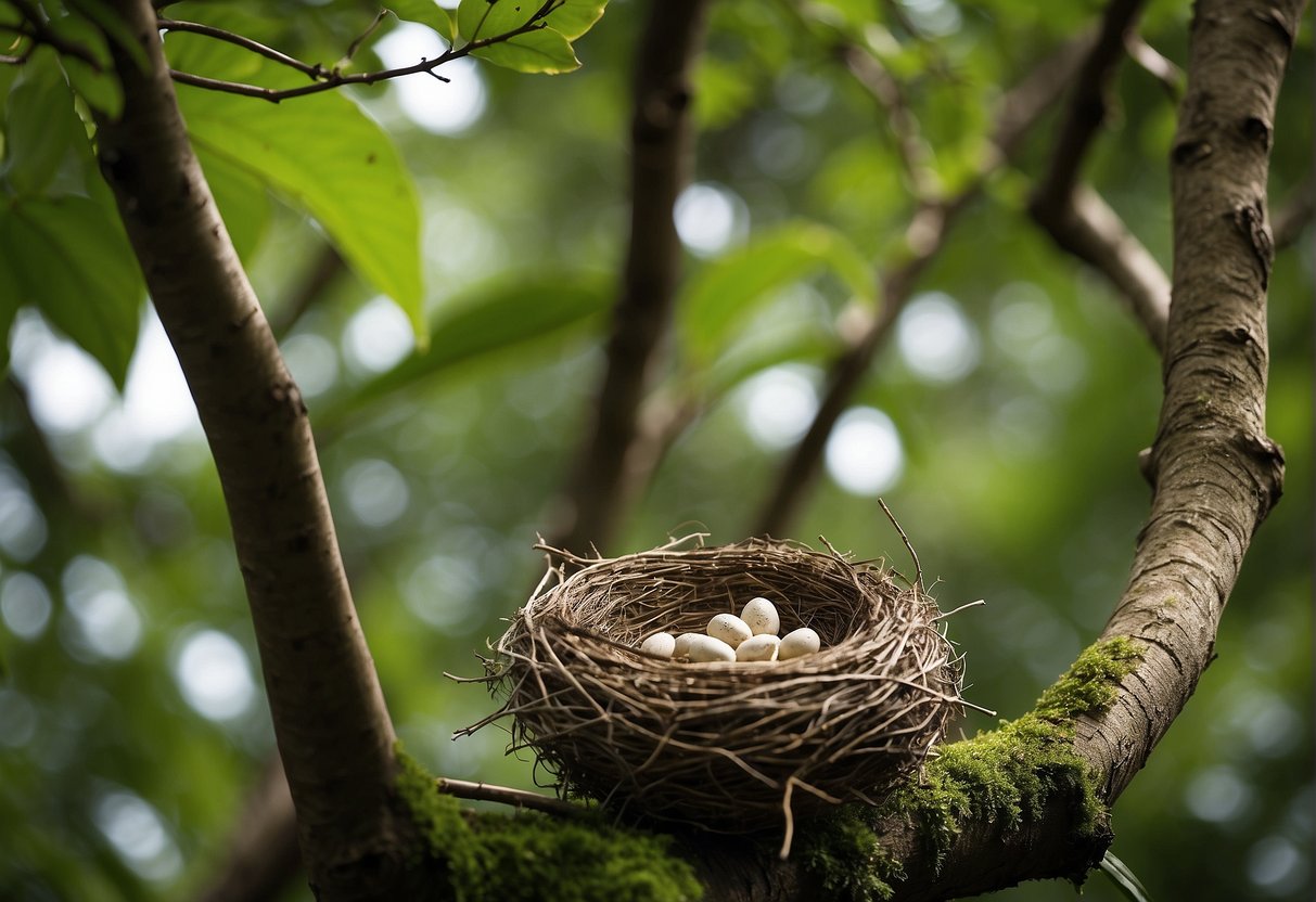 A bird's nest perched on a tree branch, surrounded by lush green foliage, with a sign advertising "Latest Promotions" in Singapore