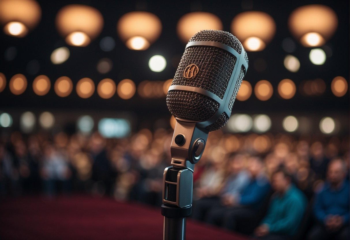 A microphone stands on a stage with a banner reading "Frequently Asked Questions audible promotions Singapore" in the background