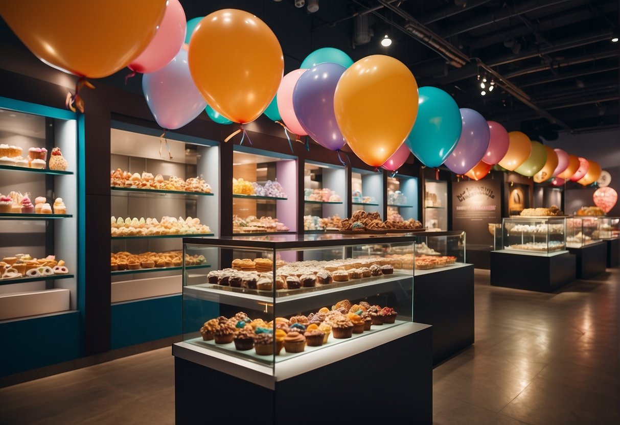 Colorful dessert museum in Singapore with birthday promotions. Brightly lit displays of sweets and treats. Festive banners and balloons. Excited visitors enjoying the interactive exhibits