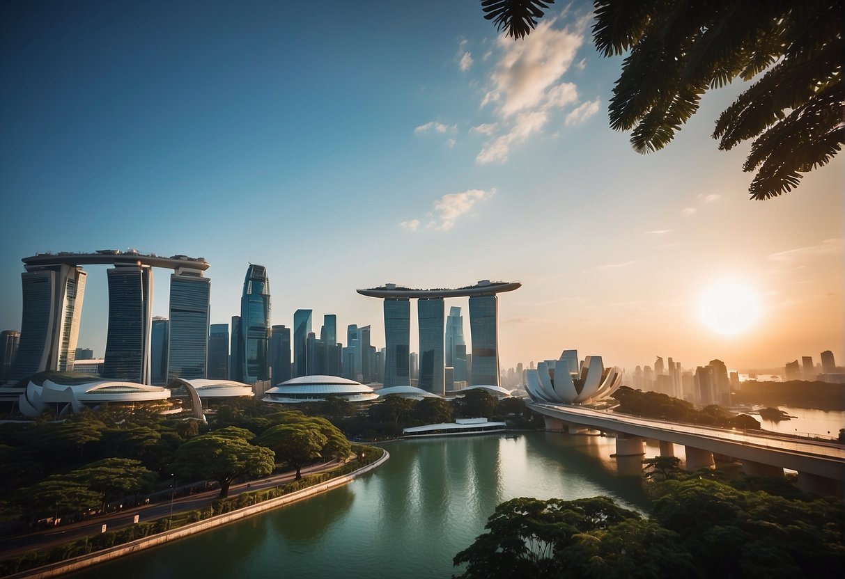 A vibrant cityscape with iconic Singapore landmarks, featuring a prominent display of Crizal lens promotions